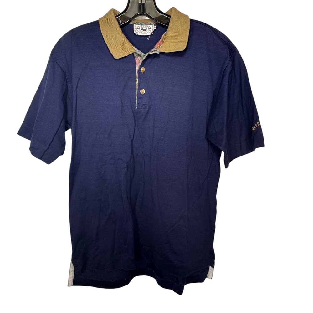 Ferrioni Collection Navy Blue Polo Shirt‎ Mens M Plaid Tan Preppy Golf VTG 90s